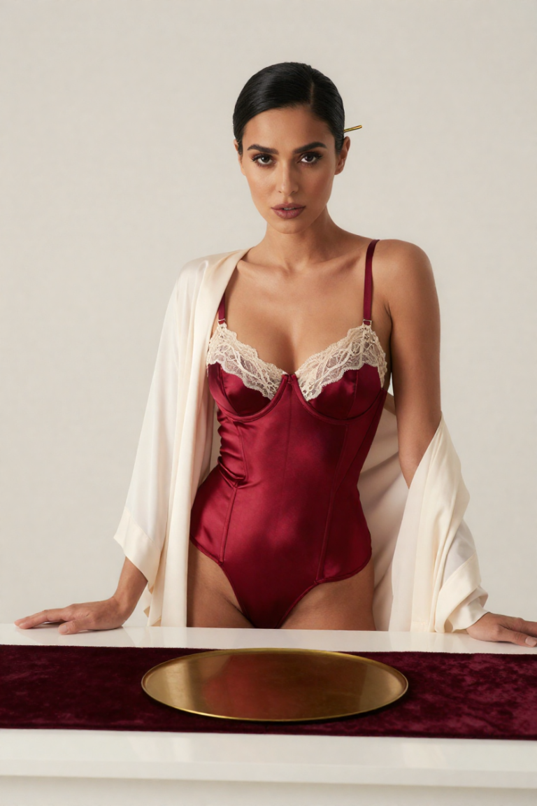 ChuhaiVip velvet desk portrait - fictional 28-year-old muse in scarlet satin corset and cream lace before a plain blank brass plate on burgundy velvet