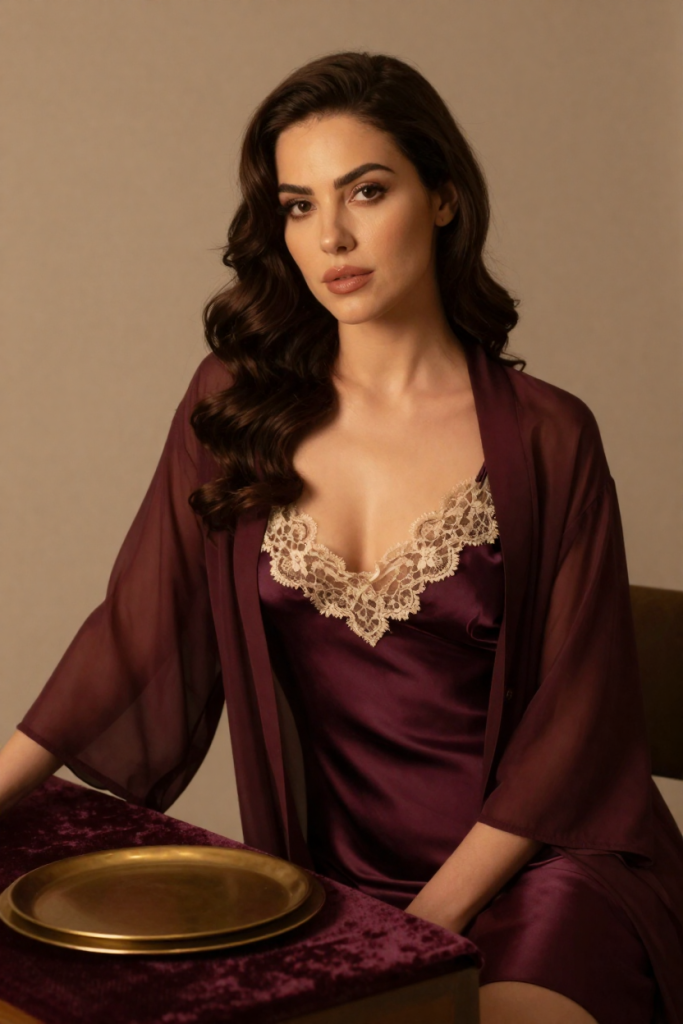 ChuhaiVip velvet desk portrait - fictional 29-year-old muse in plum silk slip dress and lace seated beside plain blank brass plates